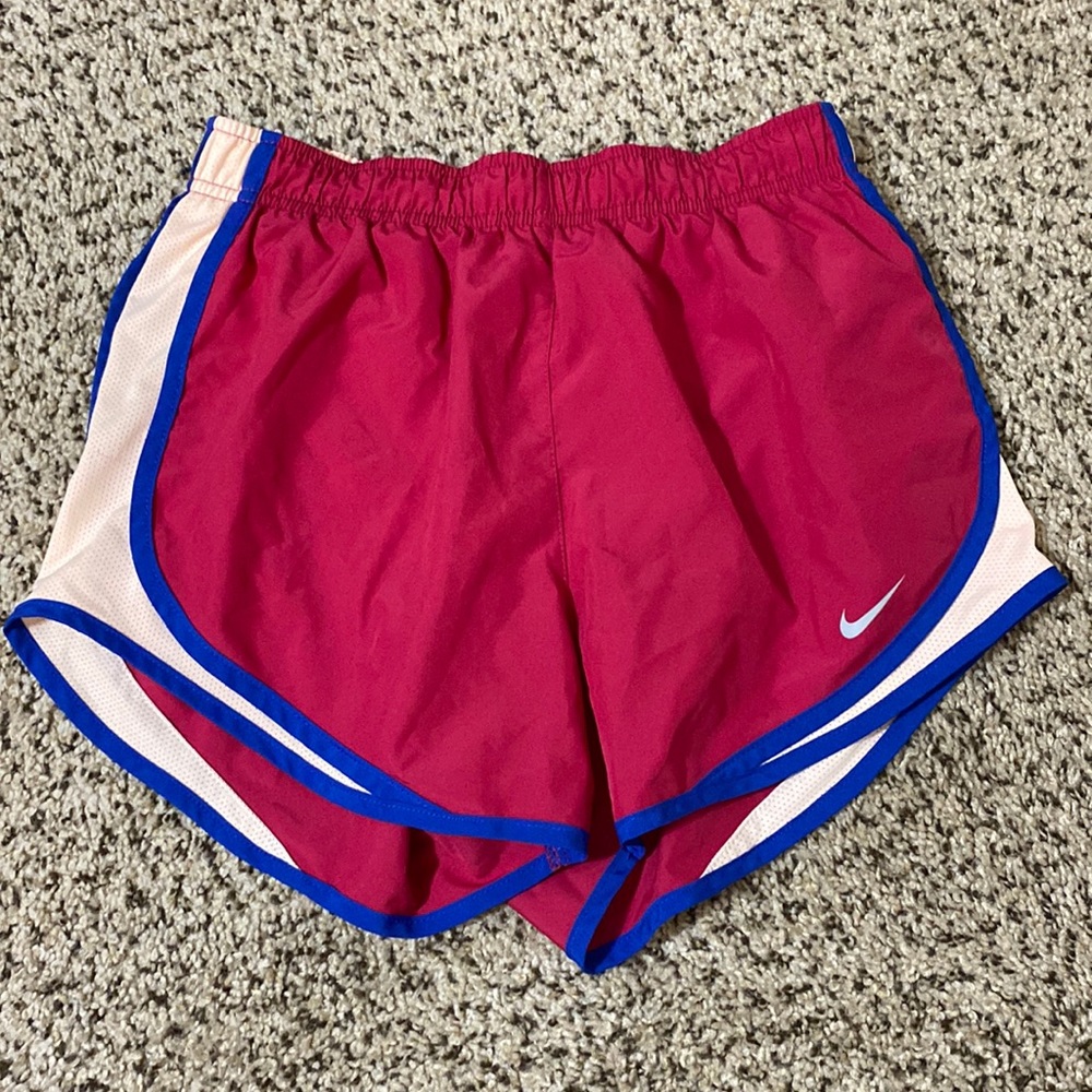 Nike tempo shorts w/ pocket in waistband. Magenta, blue & peach colors. Size S.